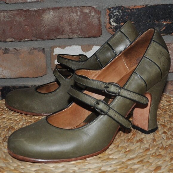 John Fluevog Olive Green Leather Mary Jane Double Strap Pump Midi Heel Shoes 8.5 - Picture 2 of 12